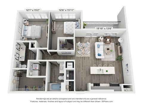 Floor plan for 2 beds, 2 baths, 1182 sqft